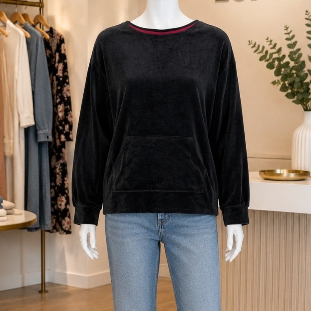 Mistle Toes Women Pullover Velour Sweatshirt Kangaroo Pocket Black Large